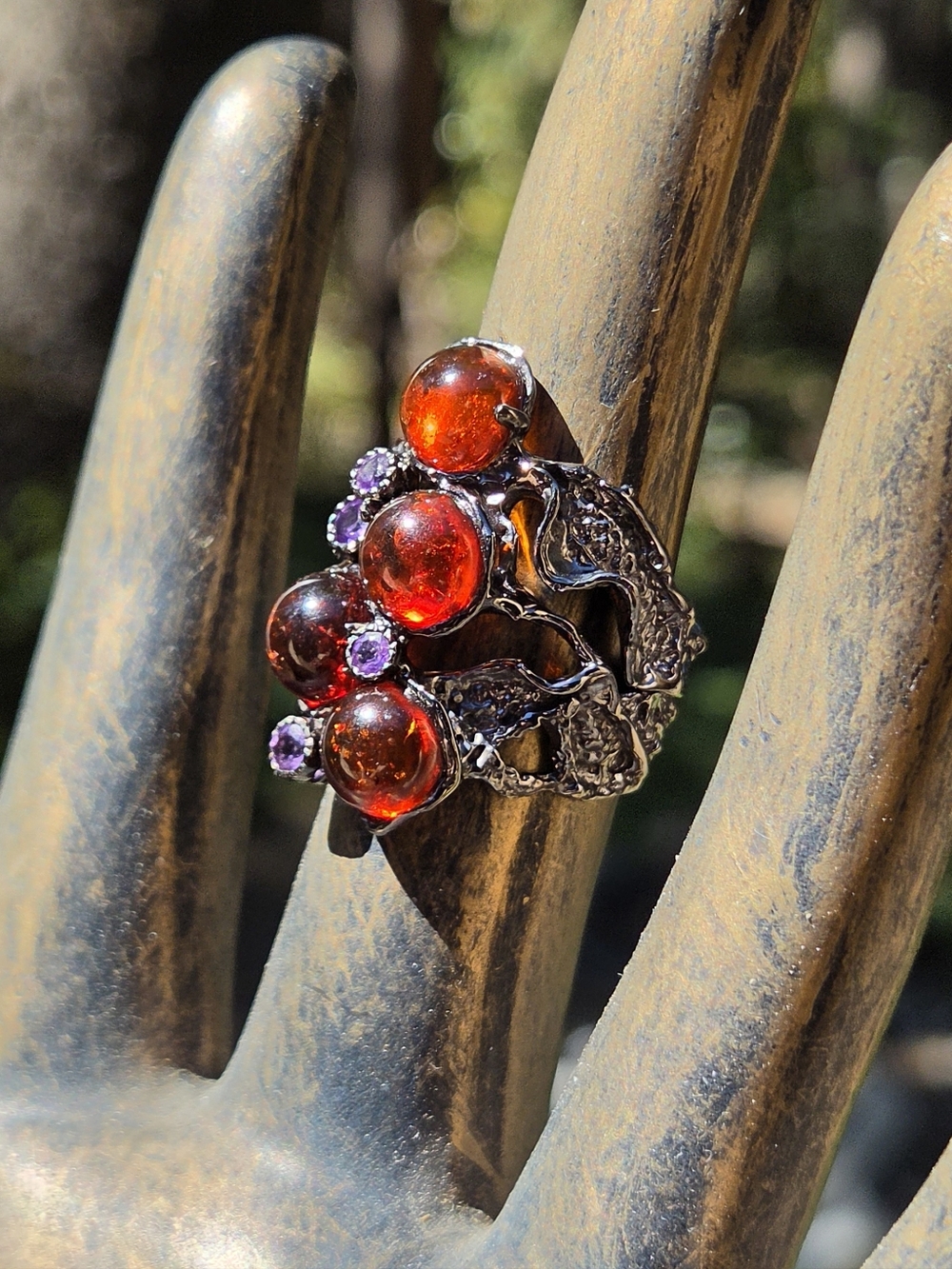 Amber & Amethyst Natural Gemstone Sterling & Rhodium Cocktail Ring Sz7 - Picture 7 of 10